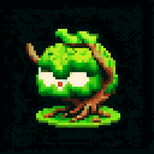 A robust, tree-like creature with bark armor, deep roots, and a protective stance. It has wise, ancient eyes and a commanding presence, ready to defend the forest. No background.
