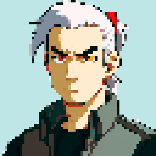 Tank driver, anime style, male, grey hair, short ponytail, pixel art, sRGB
