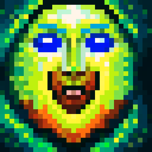 Psychosis, distorted facial features, vibrant colors, pixelated details, sRGB palette, close-up shot, skill art, intense gaze, game icon, 32x32 pixel art, close-up portrait