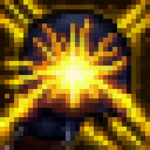 Radiant energy erupts from the Paladin's outstretched hand, illuminating the surrounding darkness with a burst of golden light, as if a miniature sun had exploded in the room, all depicted in 32x32 pixel art.
