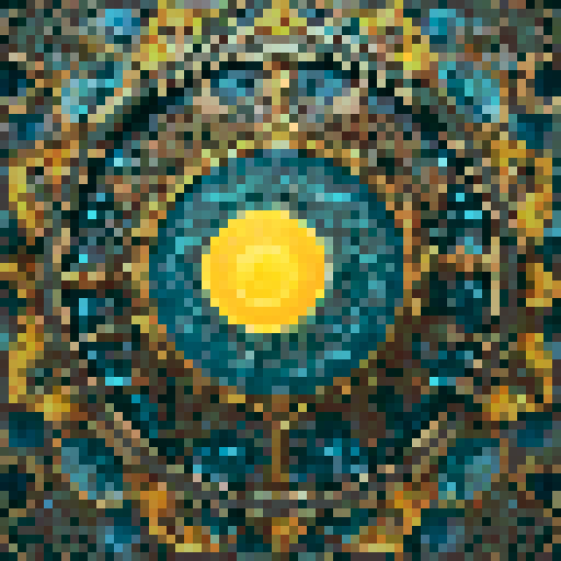 A breathtaking celestial mandala masterpiece featuring an intricate cosmic dance between the moon and sun, rendered in semi-realistic style with bold, flowing outlines that create a mesmerizing sense of movement. The moon section glows with ethereal blue-gray luminescence, its cratered surface textured with icy cyan highlights and deep slate shadows. The sun portion radiates with essential golden-yellow solar flares (only where necessary) surrounded by a corona of warm tans and rich browns. The 