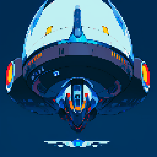 futuristic spaceship, topview, sleek and streamlined, hovering mid-air, dark blue colors, sRGB aesthetic, pixel art