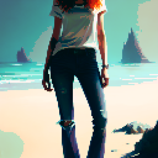 beautiful young woman, redhead, bobcut, strapless shirt, jeans, high heels, beach, smile