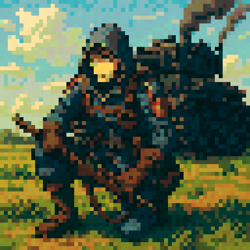Valkyria Chronicles Nameless Scout, male, hooded, dieselpunk black tank, dynamic detailed vibrant heroic, sRGB pixel art calm