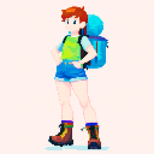 Full body image of a Male character wearing a T-shirt, colorful shorts, hiking boots,and backpack