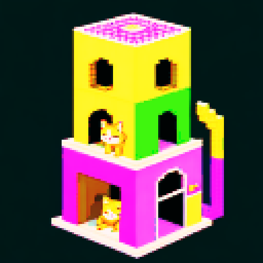 huge, complex cat tower, colorful pixel art, sRGB, multiple cats