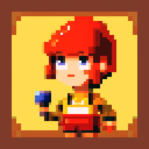 tavern keeper woman portrait, non-vibrant colors, retro video game style, intricate pixel art details, glum expression