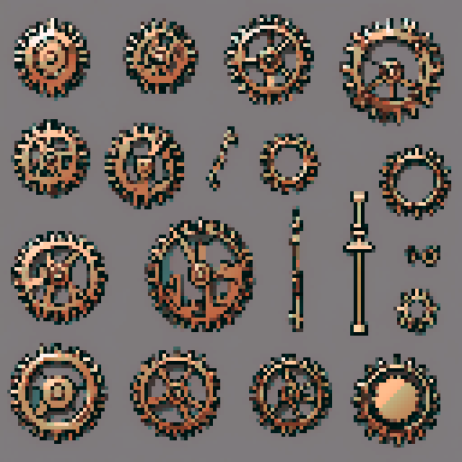 I want a copper gear that looks like it was made by a master clockmaker. It should have strange mechanical details that could interlock with each other. I also want this object usable an asset in a videogame, meaning only one object per image, outlined with a strong black stroke, on a solid-color background.