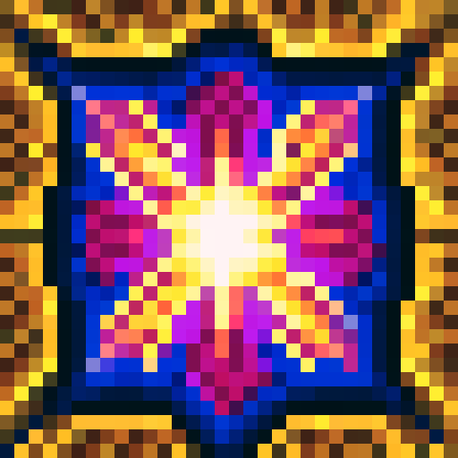 Create a fiery, high-energy portrait of a small but powerful robot exploding in vivid pixel art reminiscent of a classic game icon, with a close-up view that showcases the intricate skill art involved in rendering every tiny, vibrant detail in sRGB color.