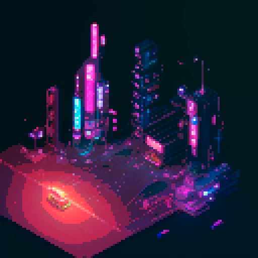 isometric 3D perspective, anime girl hovering in street, Japanese cyberpunk, neon lights, futuristic cityscape, dark colors, pixel art
