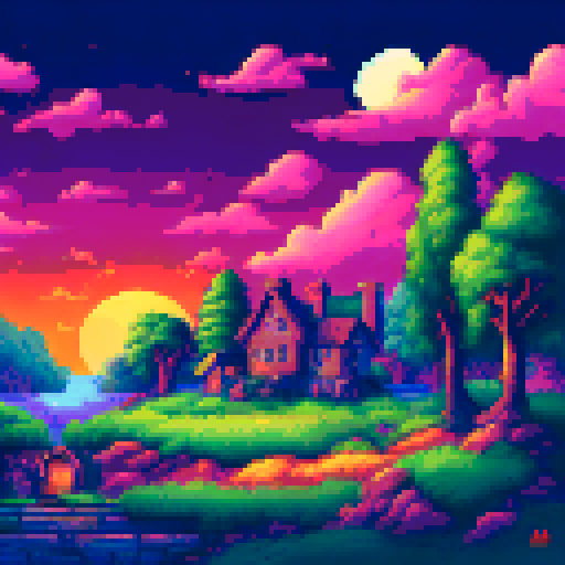 night, house with chimney, pastoral village, moon 