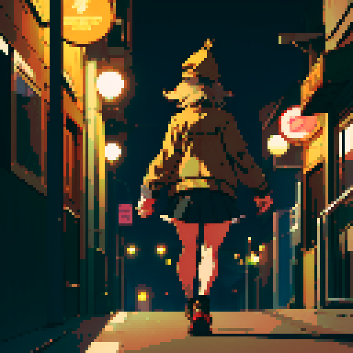 Night city street light background, young girl, brown jacket, beige hat, running, turn back, view from the back