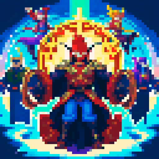 Four characters with unique features, portrayed as vibrant game icons in pixel art style, showcasing their distinctive traits and personalities: fiery-haired warrior, mysterious cloaked wizard, agile acrobat with a mask, mechanical cyborg with glowing eyes, ethereal elf with flowing hair, fierce fanged beast, armored knight with a shield, and a mischievous jester with a jingling hat
