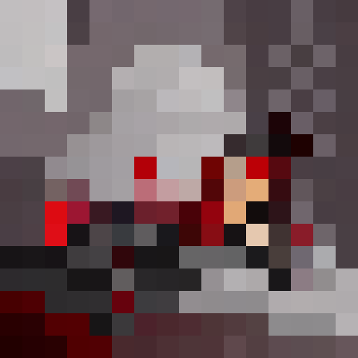 Samurai warrior with raised katana sword Sitting on bed, surrounded by cherry blossom trees, wearing a red cape, all in anime-style close-up, rendered as a vibrant and dynamic game icon using 16x16 pixel art.
