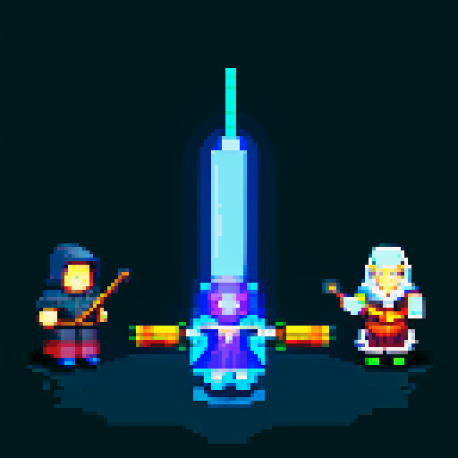 three men, archmage and his apprentices , magic staff, light at the archmage, dark place, king with staff, cant see eyes, eyes in shadow