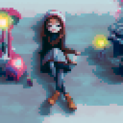 a girl in a beanie, striped tights, a blue skirt and a red sweater