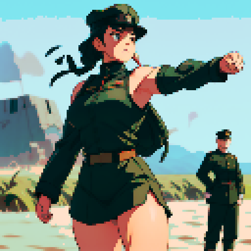 full-body image, muscle girl, female, thick biceps, big shoulders, big fists, muscular physique, thick waist, facing left, ready to fight, exaggerated proportions, black military uniform, black hat, military backdrop, sRGB, pixel art, army behind her, military behind her, army in background, army, soldiers