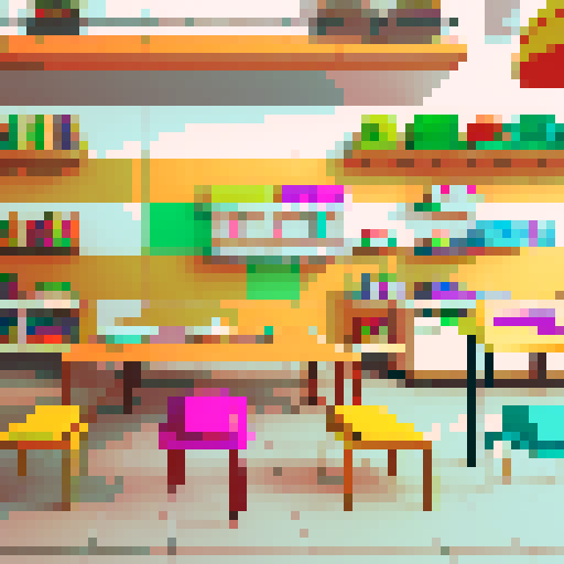 Vibrant, retro pixel art chairs, tables, and shelves in a lively sRGB color palette, Scandi and Japandi style