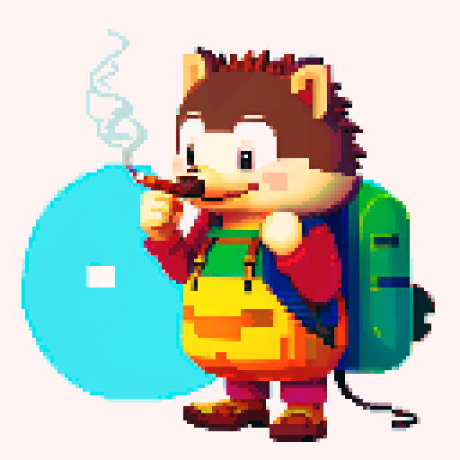 antropomorphic smiling hedgehog with travellers backpack and smoking pipe