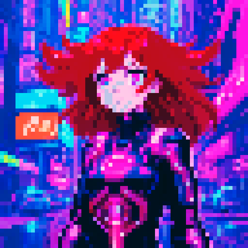 cute character with big, expressive eyes, long red hair, vibrant neon colors, futuristic cityscape filled with towering skyscrapers and holographic billboards, pixel art aesthetic, glowing neon signs reflecting off rain-soaked streets, characters wearing edgy, futuristic fashion, dramatic lighting casting long shadows, intricate circuitry and glowing cybernetic