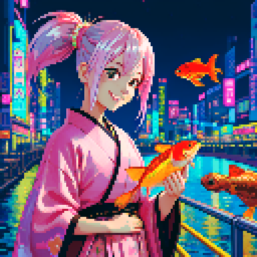 pixel art,high resolution,1girl,smiling,look at fish,ponytail,pink silver hair,brown kimono,traditional clothes,cyberpunk,futuristic,neon lights,cityscape,night sky,2fish,goldfish,flying fish,glitter fish,smiling,looking at fish,
