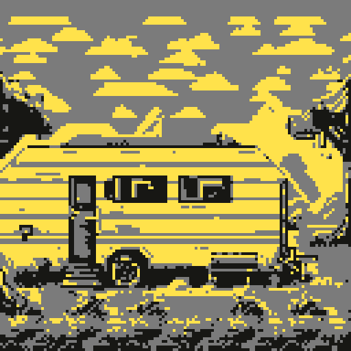 Pixel art post apocalyptic camp trailer landscape background in retro style for 8 bit game 