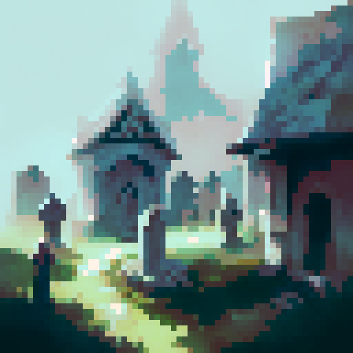 Graveyard at dusk, eerie mist, tombstones looming, Gothic architecture, somber and melancholic landscape portrait.