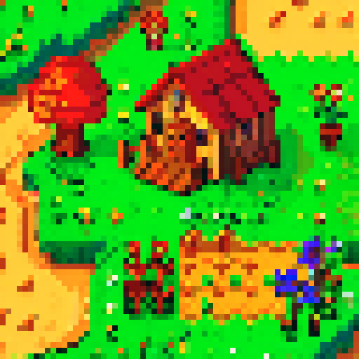 Stardew valley farmer tending to vibrant, pixelated crops under the warm, sRGB sun