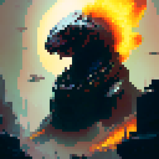 Dystopian, gritty, and abstract. A monstrous, fiery behemoth emerges from the rubble, towering over the shattered remains of a city as glowing embers rain down like a deadly storm.