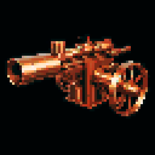I want a copper rotary machine gun viewed from from the side. I want this object usable an asset in a videogame, meaning only one object per image, outlined with a strong black stroke, on a solid-color background.