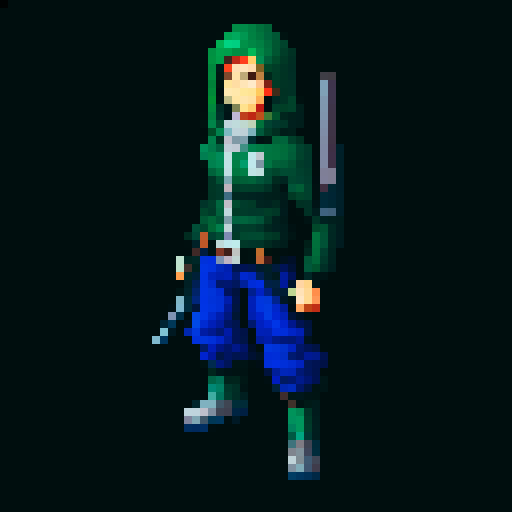 Game character rogue-like game with top view, regular guy with weapon and hand pet, cyberpunk, gray background, 16-bit, controls time, gray background, fighting pose, prepared