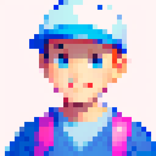 Pixelated school boy, age 10, with a smile on his face, wearing a baseball cap. Looks like Nes from Earthbound. Should have a cartoonish look.