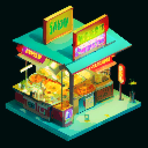 Isometric view of a food stall. Set at night. Neon sign is the sole source of light. Red and cream awnings. Has tables and stools around for diners. No people. Retro-futuristic style.