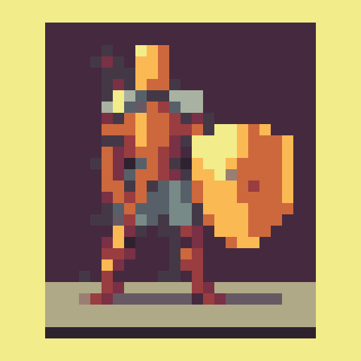 valiant knight, brown-haired, no helmet, wielding a sword and shield, shield embossed with a golden "V", oblique side view