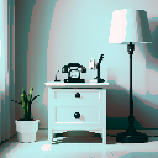 White nightstand, old black telephone on top, white tall floor lamp to right