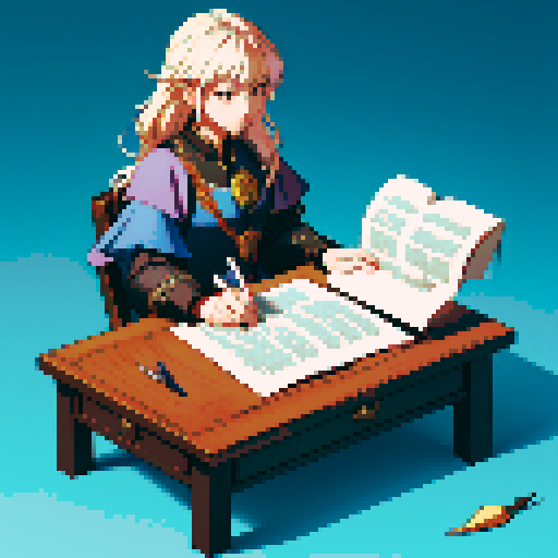  block, wood, isometric, medieval, writing table, feather pen, ink, paper, papers, royal seal, law,