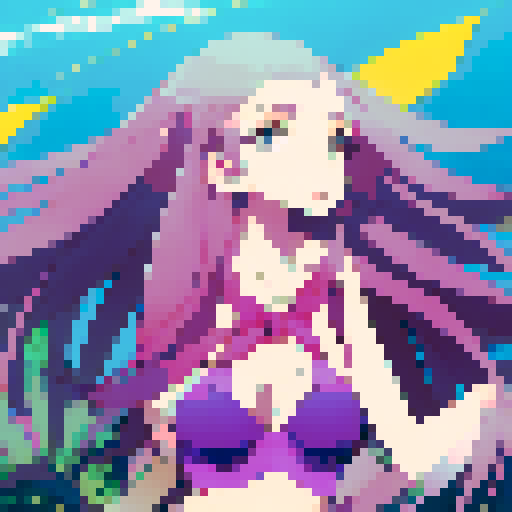 Bikini-clad beauty lounging on a tropical beach, surrounded by palm trees and crystal-clear waters, with her long, flowing hair and curvaceous figure depicted in a vibrant anime style.