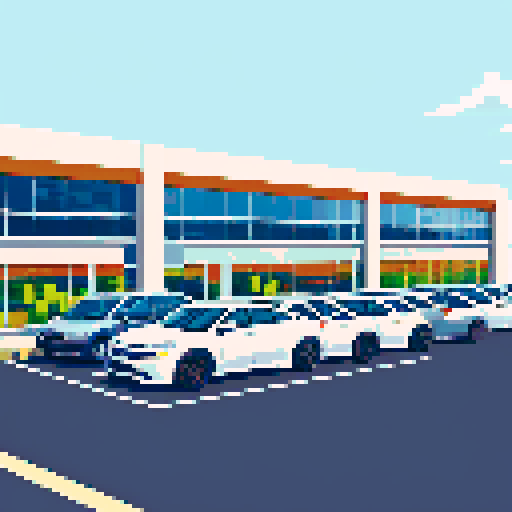 cars are behind the glass of the car dealership, many cars are in a row, a large glass