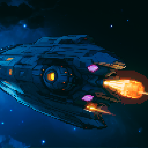 spaceship with sleek metallic exterior, glowing engine fires, starry backdrop, vibrant pixel art, sRGB colors
