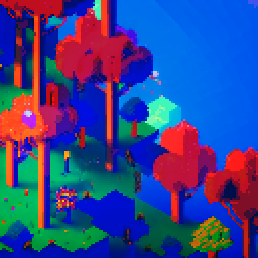 pixel art tree with vibrant and saturated colors, resembling the style of Hyper Light Drifter