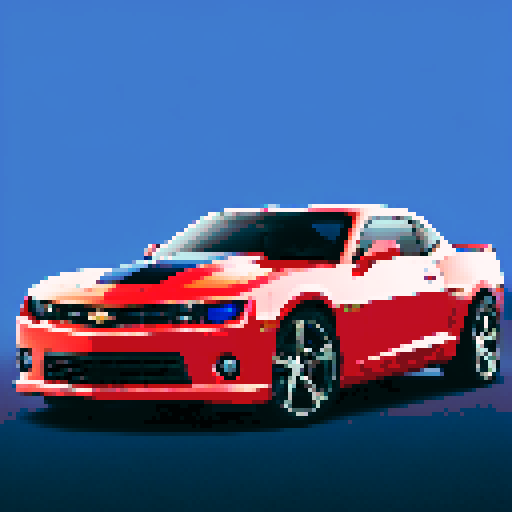 Photorealistic, centered Chevrolet Camaro in a three quarter view, right wheel in front, clean background, pixel art style with sRGB colors
