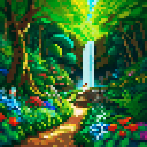 Towering evergreens and a cascading waterfall in the background, a lone fox darts through the vibrant underbrush in a pixelated forest landscape