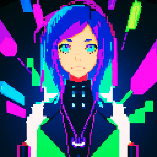 cyberpunk hacker girl, floating above a glowing gene bottle filled with swirling strands of DNA, rendered in pixel art with vibrant sRGB colors
