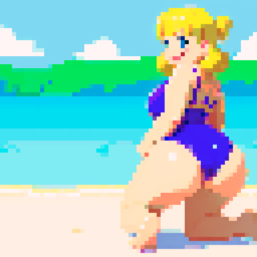 chubby blonde girl in a swimsuit, wide hips, very large butt, facing away, looking back, smiling, kneeling position, pulling swimsuit bottoms down, pixel art, sRGB