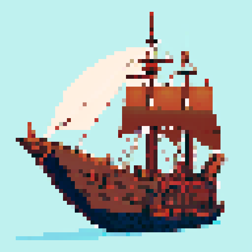 pixel art, detailed, 2d, sideview, steampunk, simple, simple shapes, falling apart, ship, no background, full side view of ship, side view aspect