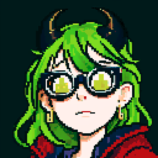 messy green hair, small black horns, round gold glasses, gold ear piercings, red jacket, pixel art, sRGB
