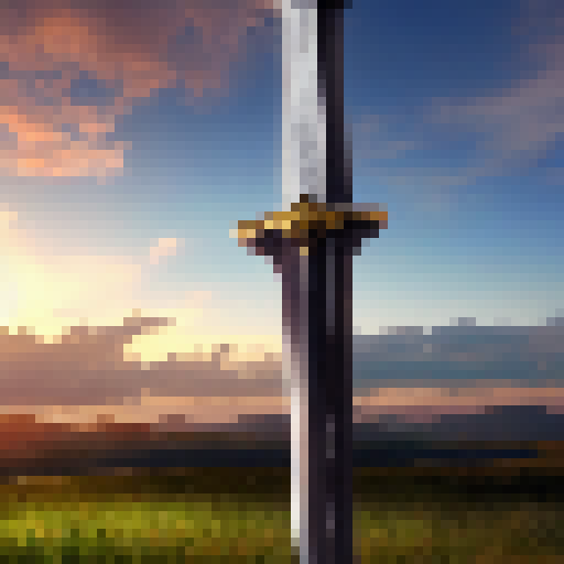 an giant sword stuck on plains of grass, with a beautiful sunset behind