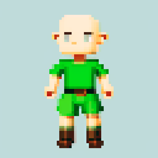 8-bit pixel art base character sheet of a chibi-style elf boy with no hair or clothes, serving as a fully customizable base model. The character has short legs and simple features