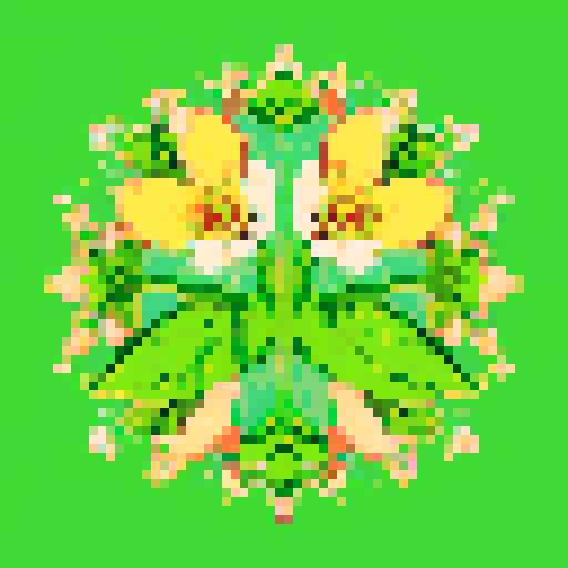vibrant green plant, delicate stems, intricate flowers, retro color palette, low resolution pixels, vibrant hues, sharp edges, nostalgic vibes, limited color palette, 8-bit charm, crisp details, playful composition, nostalgic video game aesthetic, intricate patterns