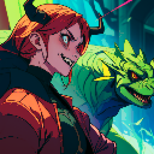 antagonist character, giant lizardman with devil horns, evil smile, laser gun in hand, long tongue, sRGB, pixel art